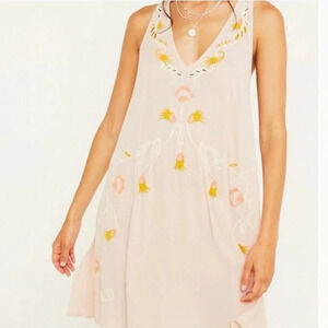 Free people pink Printed festival Slip Dress embroidered lace up sleeveless sz M